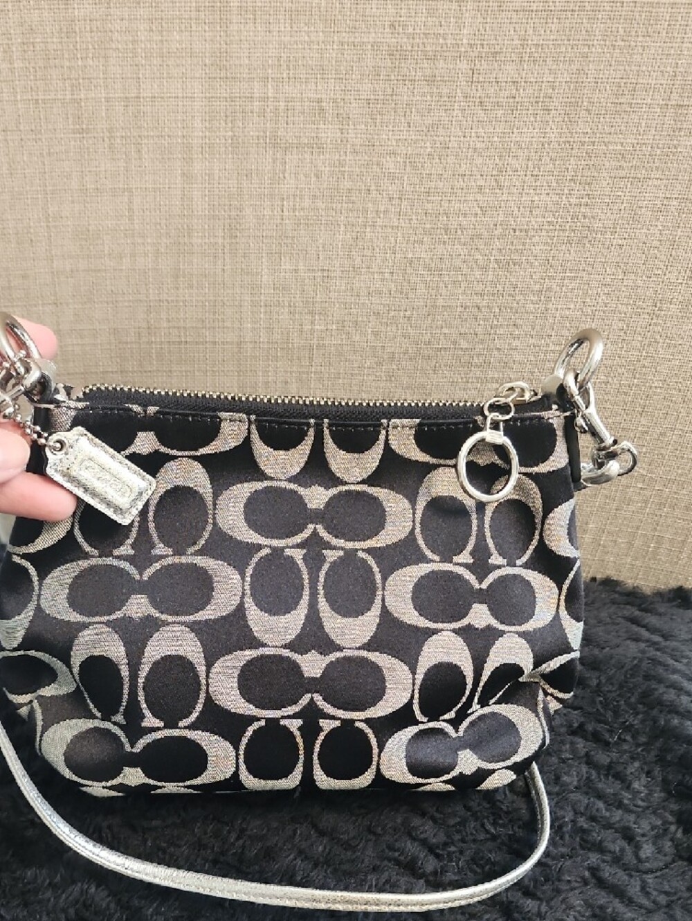 Coach Black and Beige Signature Mini Shoulder Bag with Silver Accents - Picture 2 of 6
